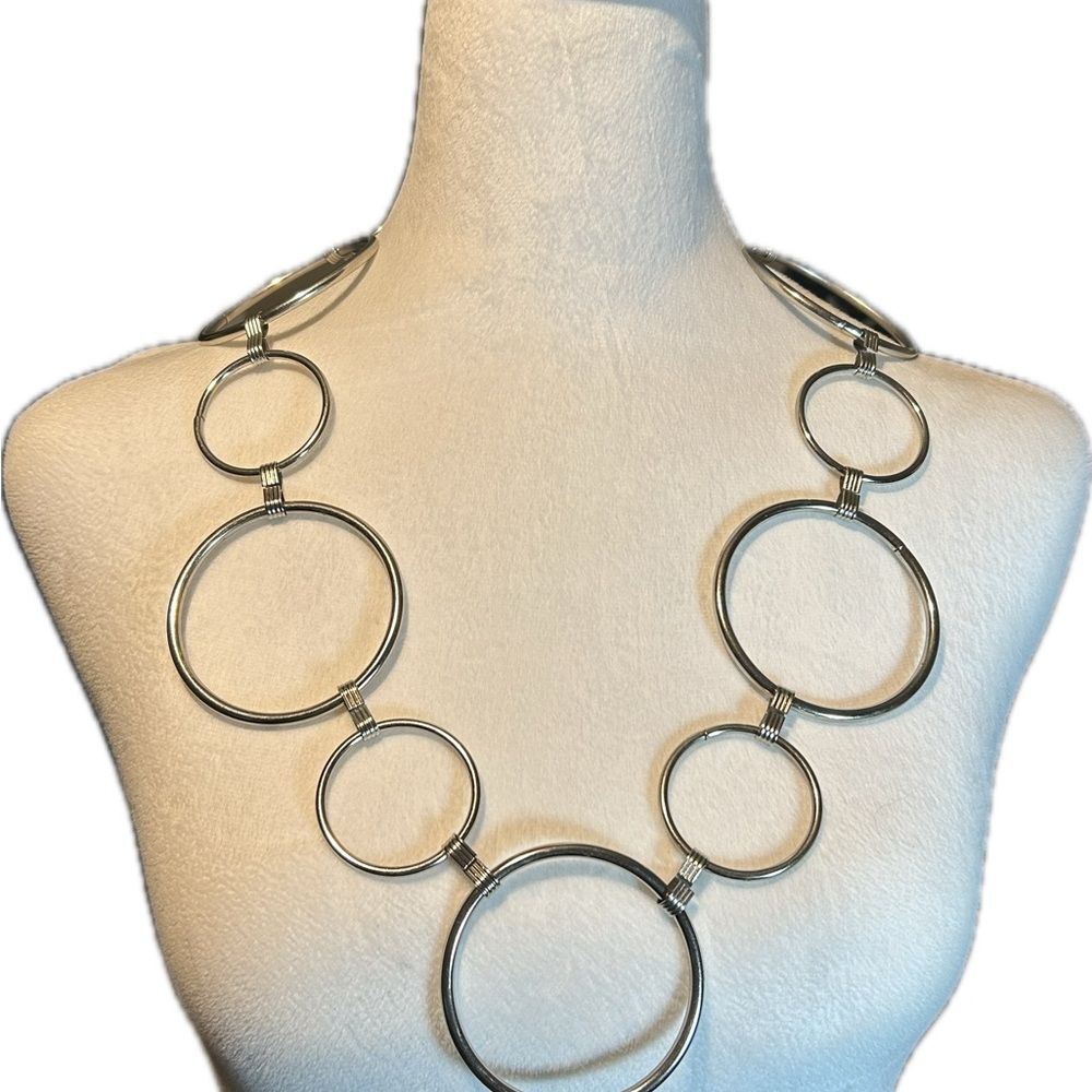 Vintage Silver Tone Large Circle Link Statement Necklace 29" Long Chain